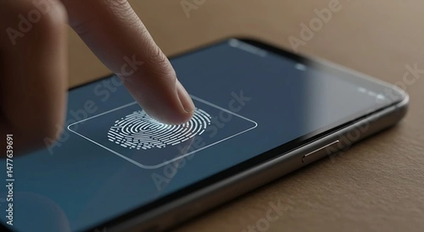 Fototapeta Fingerprint Authentication on Smartphone with Secure Access for Mobile Security and Identity Verification High-Tech Biometric Technology Privacy Protection