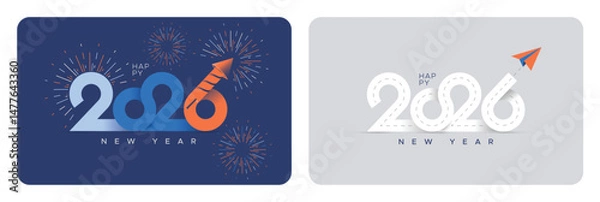 Fototapeta The concept of celebrating the New Year 2026 with fireworks. The concept of heading towards the New Year 2026 with roads and paper planes. Elegant design with typographic style and concept