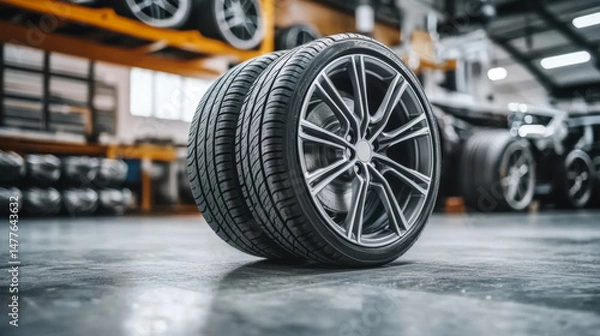 Fototapeta tire at repairing service garage background. Technician man replacing winter and summer tyre for safety road trip