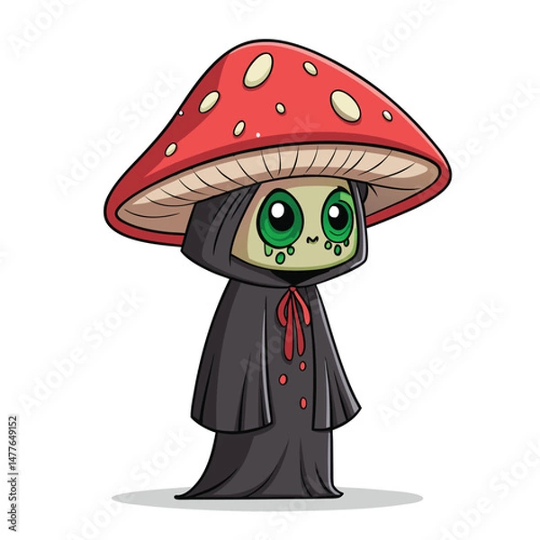 Fototapeta A gothic-style mushroom spirit, wearing a dark robe, with a single, dripping eye, rendered in a detailed, painterly style.