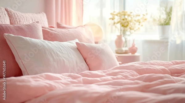 Fototapeta Close-up of a room decorated with pink sheets and cushions