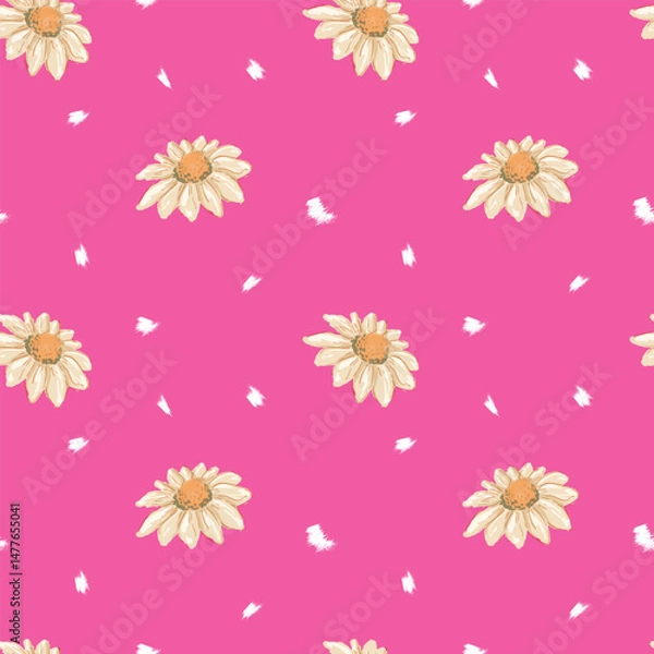 Fototapeta Hand-drawn seamless pattern with watercolor daisies on a vibrant pink background. Delicate white and yellow chamomile flowers with brushstroke details. Ideal for textile, stationery, wrapping paper