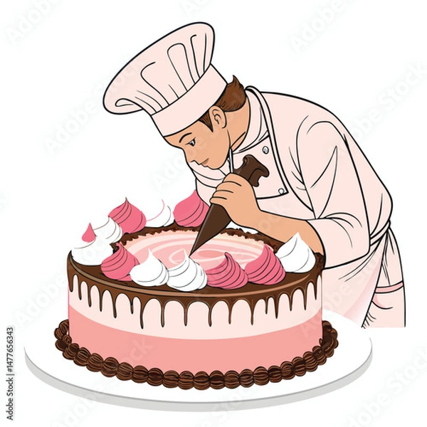 Fototapeta A skilled pastry chef meticulously decorates a cake with delicate pink frosting, showcasing precision and artistry.