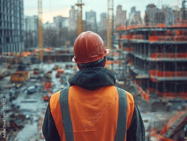Fototapeta engineer man or architect looking forward with white safety helmet in city construction site . Standing on rooftop building construction at capital