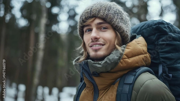 Fototapeta Man wearing warm clothes Forest background