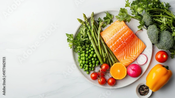 Fototapeta Salmon. Pieces of grilled fish on a black stone background