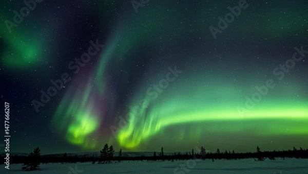 Fototapeta Aurora borealis over a snow covered landscape.