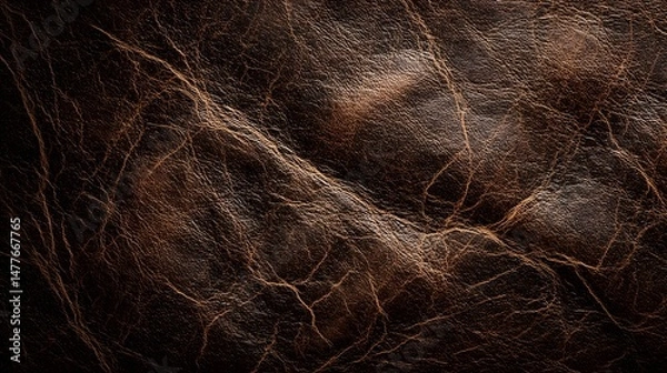 Fototapeta Dark brown leather texture with subtle cracks and tonal variations, creating a rugged, vintage appearance.