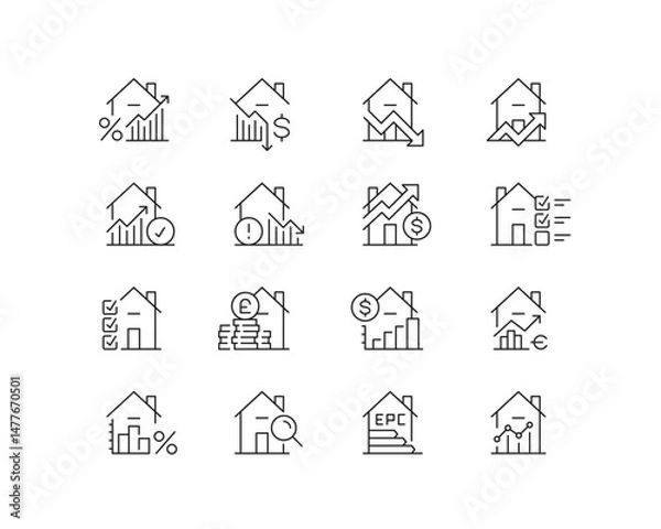 Fototapeta Housing metrics Icon collection containing 16 editable stroke icons. Perfect for logos, stats and infographics. Edit the thickness of the line in Adobe Illustrator (or any vector capable app).