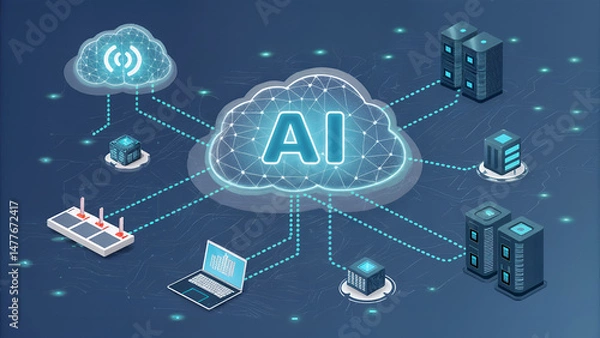 Fototapeta Ai cloud computing network data server technology machine learning digital transformation innovation system