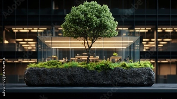 Fototapeta A solitary tree grows inside a glass office in a modern city, symbolizing sustainable business practices.