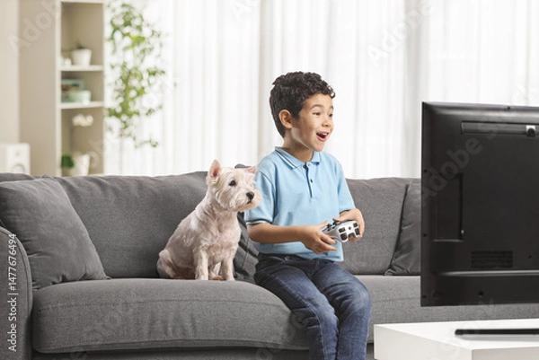 Fototapeta Happy asian kid with a dog sitting on a sofa and playing video games