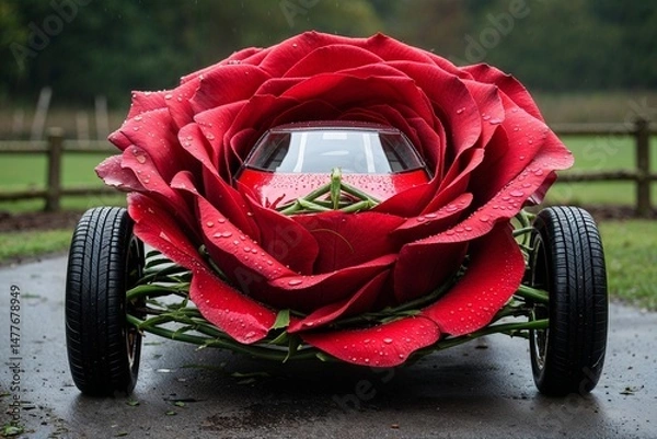 Fototapeta Red Rose Car Made of Petals and Green Wheels