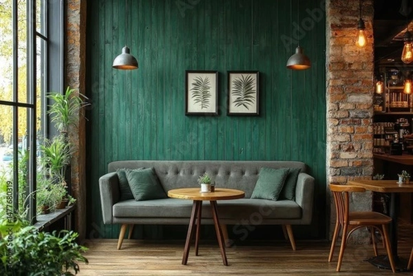 Fototapeta Stylish, modern interior design featuring deep teal walls.