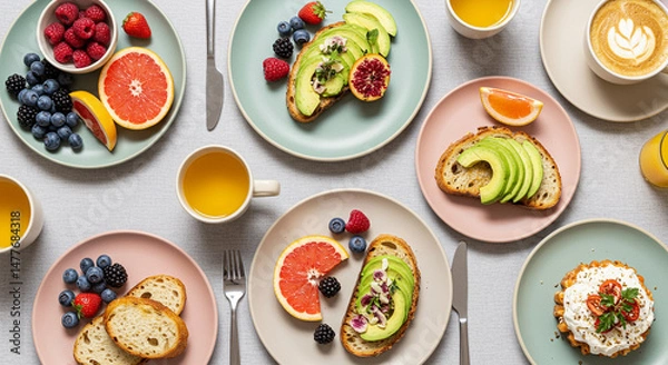 Fototapeta Varied Brunch Spread with Avocado Toast, Fruit, and Refreshing Beverages