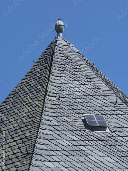 Fototapeta Schieferdach mit Turmspitze und Blitzableiter