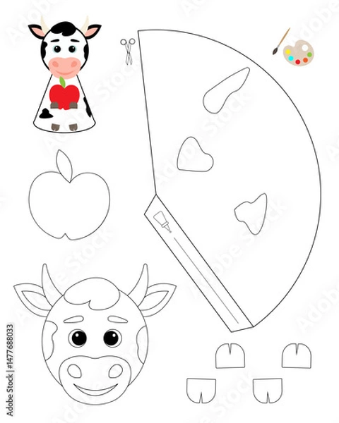 Fototapeta Cow template for coloring and building for games