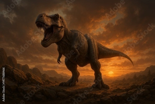 Fototapeta Tyrannosaurus rex stands on rocky terrain during sunset. The dinosaur with sharp teeth. Apex predator in prehistoric era