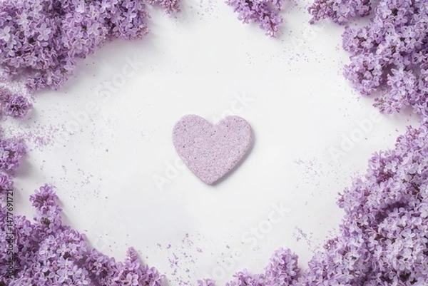 Obraz Romantic lilac flower frame with a purple heart-shaped stone in the center on white background. Perfect for spring, love, wedding, or Mother's Day designs, invitations, or wellness concepts.