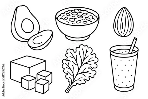 Obraz Vegan Food Outline Icons in Black and White vector