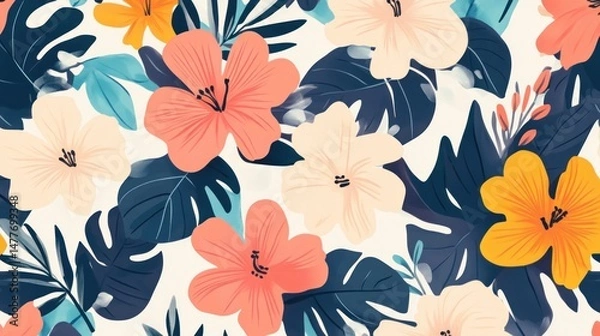 Obraz Vibrant floral pattern with tropical hibiscus and leaves