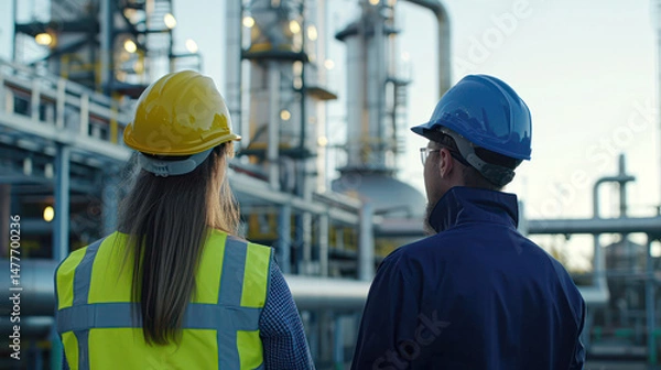 Fototapeta Two engineers in safety gear inspect an industrial facility with pipes and metal structures in the background.