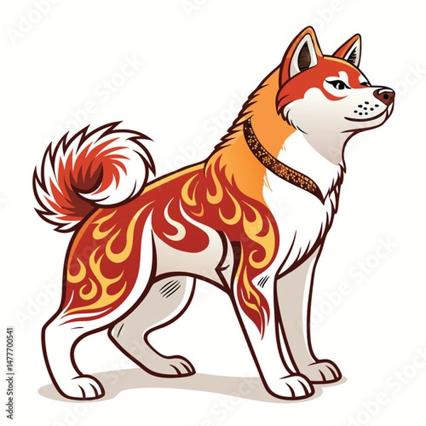 Fototapeta Create a stylized illustration of an Akita Inu, incorporating a vibrant, detailed fire tattoo design across its back and haunches.  Focus on bold lines and intense color.