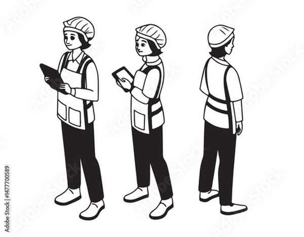 Fototapeta Manufacture quality control worker wearing hairnet, uniform holding scanner. Character for animation. Front, side and back view set. Body parts, postures, poses collection. Vector illustration