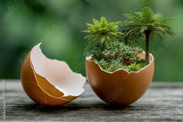 Fototapeta Miniature Tropical Garden Inside Egg Shell On Wood Surface