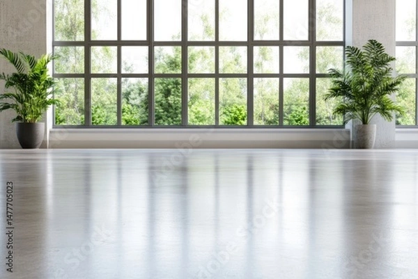 Fototapeta Bright interior with large windows and green plant near empty room space