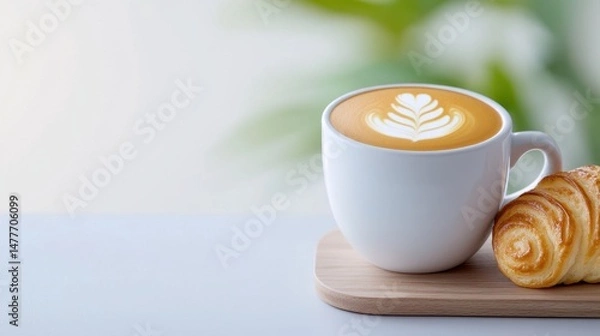 Fototapeta Closeup of a latte art coffee in a white mug with a pastry on a wooden tray, soft lighting and blurred green background.