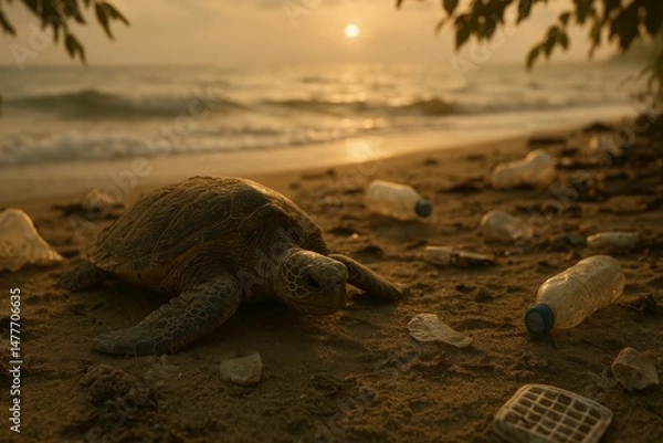 Fototapeta A green sea turtle rests on sandy beach littered with plastic debris. The pollution affecting marine life and ecosystems