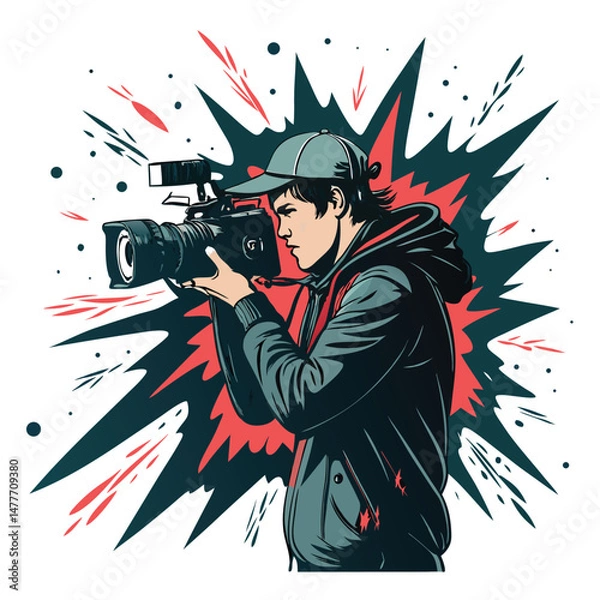 Fototapeta A professional videographer, dynamically captured, with a vibrant camera lens explosion effect showcasing creative energy and filmmaking passion.