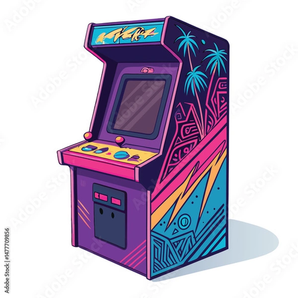 Fototapeta A vibrant, graffiti-covered vintage arcade game cabinet, showcasing detailed artwork and distressed textures.  The controller is prominently featured.