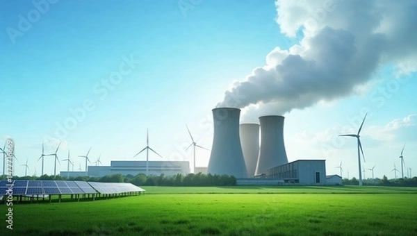 Obraz Energy production at a nuclear power plant with wind turbines and solar panels under a clear blue sky