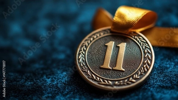 Obraz Metallic medal with the number 11 on it and a gold ribbon is on a textured backdrop
