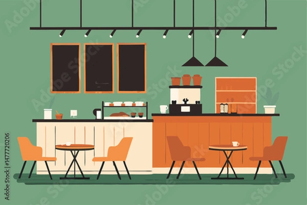 Fototapeta Create a minimalist vector illustration of a café interior featuring a chalkboard menu, showcasing a clean and simple design aesthetic.