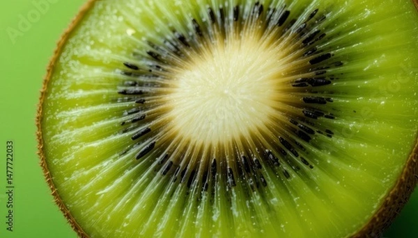 Fototapeta Closeup Of A Vibrant Green Kiwi Fruit Slice Showcasing Its Detailed Texture And Tiny Black Seeds Against A Blurred Green Backdrop