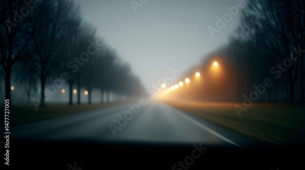 Obraz A nighttime cityscape viewed from inside a car, glowing with vibrant lights and blurred reflections on the glass, evoking a cinematic and dreamy urban atmosphere.
