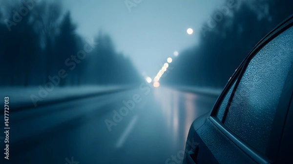 Obraz A nighttime cityscape viewed from inside a car, glowing with vibrant lights and blurred reflections on the glass, evoking a cinematic and dreamy urban atmosphere.
