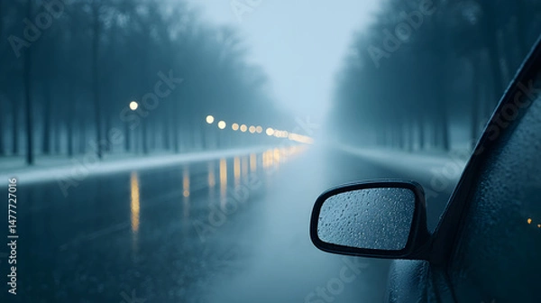 Obraz A nighttime cityscape viewed from inside a car, glowing with vibrant lights and blurred reflections on the glass, evoking a cinematic and dreamy urban atmosphere.
