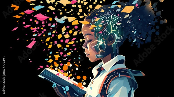 Fototapeta A futuristic illustration of a young child reading a book, with colorful data and neural circuits emerging from their head — symbolizing creativity, learning, and artificial intelligence.

