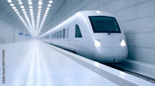 Obraz A modern train station interior with soft lighting, emphasizing clean architectural lines, spacious design, and a calm, futuristic atmosphere suitable for travel and transportation themes.
