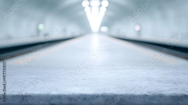 Fototapeta A modern train station interior with soft lighting, emphasizing clean architectural lines, spacious design, and a calm, futuristic atmosphere suitable for travel and transportation themes.
