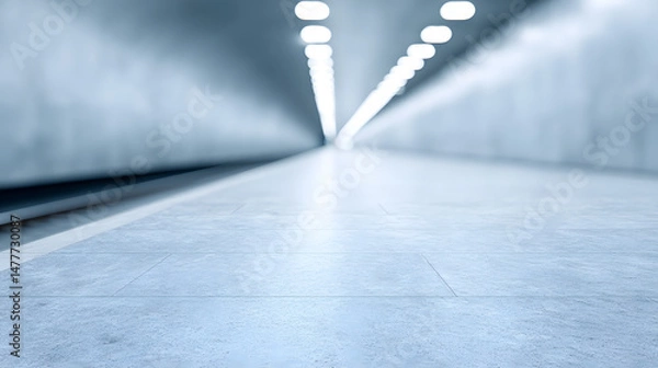 Obraz A modern train station interior with soft lighting, emphasizing clean architectural lines, spacious design, and a calm, futuristic atmosphere suitable for travel and transportation themes.
