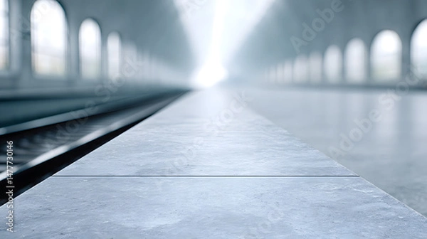 Obraz A modern train station interior with soft lighting, emphasizing clean architectural lines, spacious design, and a calm, futuristic atmosphere suitable for travel and transportation themes.
