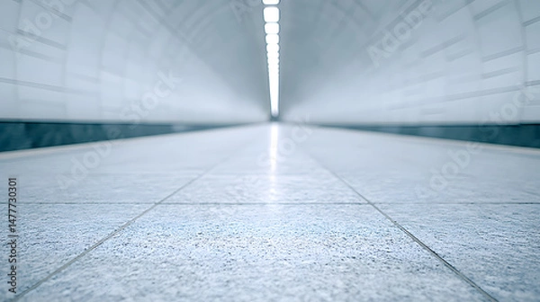 Obraz A modern train station interior with soft lighting, emphasizing clean architectural lines, spacious design, and a calm, futuristic atmosphere suitable for travel and transportation themes.
