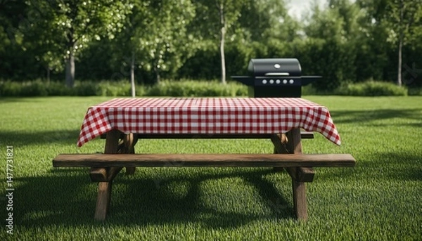 Fototapeta Fresh Country Red And White Checked Cloth Adorns Empty Picnic Table With A Barbecue, Set On Green Lawn For Product Placement.