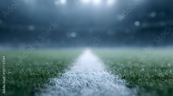Obraz A football stadium at night with glowing lights illuminating the field and empty stands, creating a dramatic and atmospheric scene that highlights the anticipation of a big game or event.
