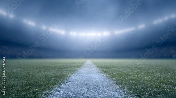 Obraz A football stadium at night with glowing lights illuminating the field and empty stands, creating a dramatic and atmospheric scene that highlights the anticipation of a big game or event.
